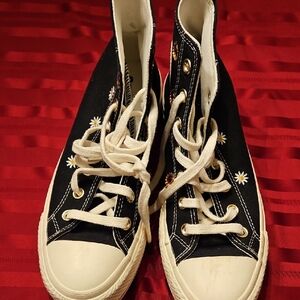 Converse Black High-Top Sneakers with Daisy Embroidery